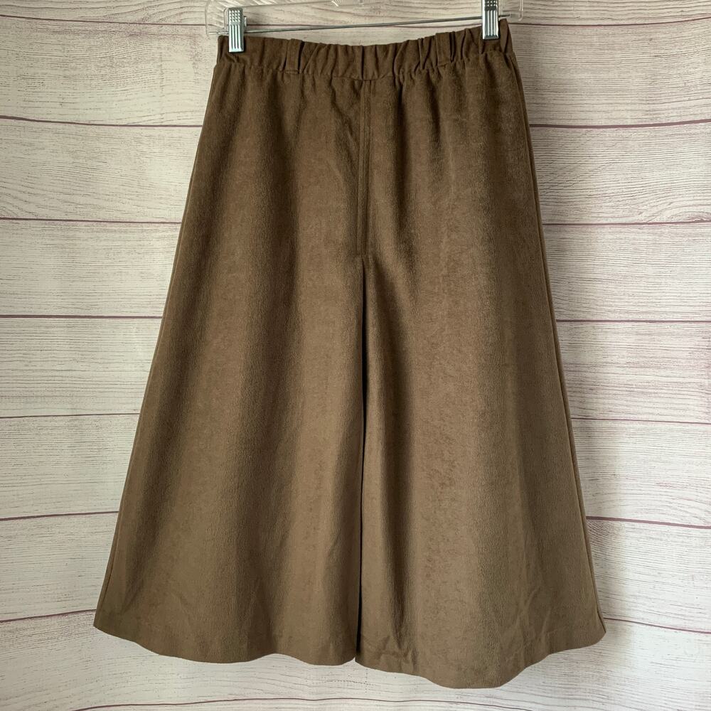 Vintage Tan Faux Suede Midi Skirt Front Pleat Slit Elastic Waist Size 13/14